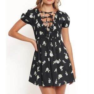 Petal + Pup NWT Winny Black Floral Open Tie Front Smocked Cotton Mini Dress